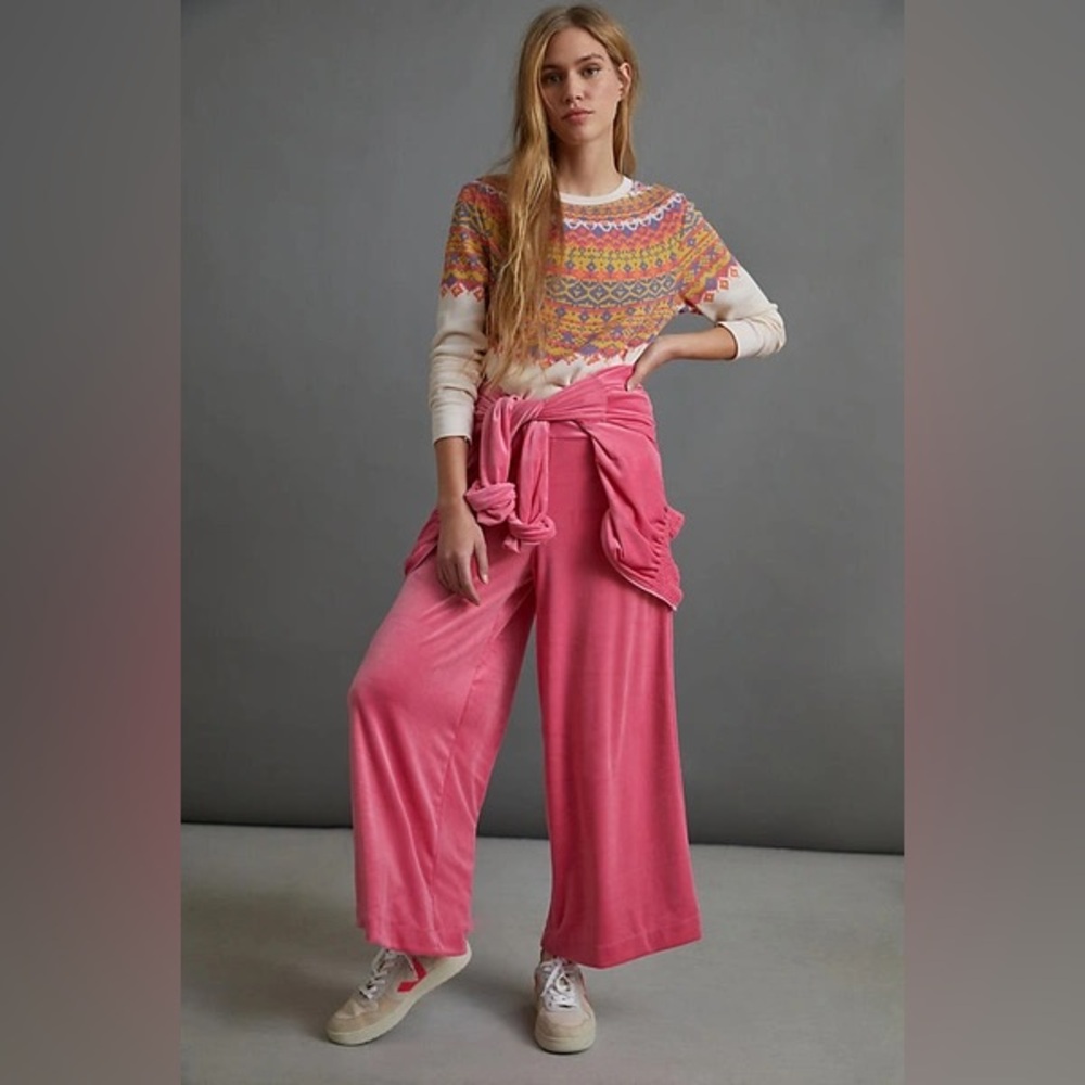 VeLVeT Velour Saturday Sunday Anthropologie Jaya Pink Lounge Wide Leg Smocked